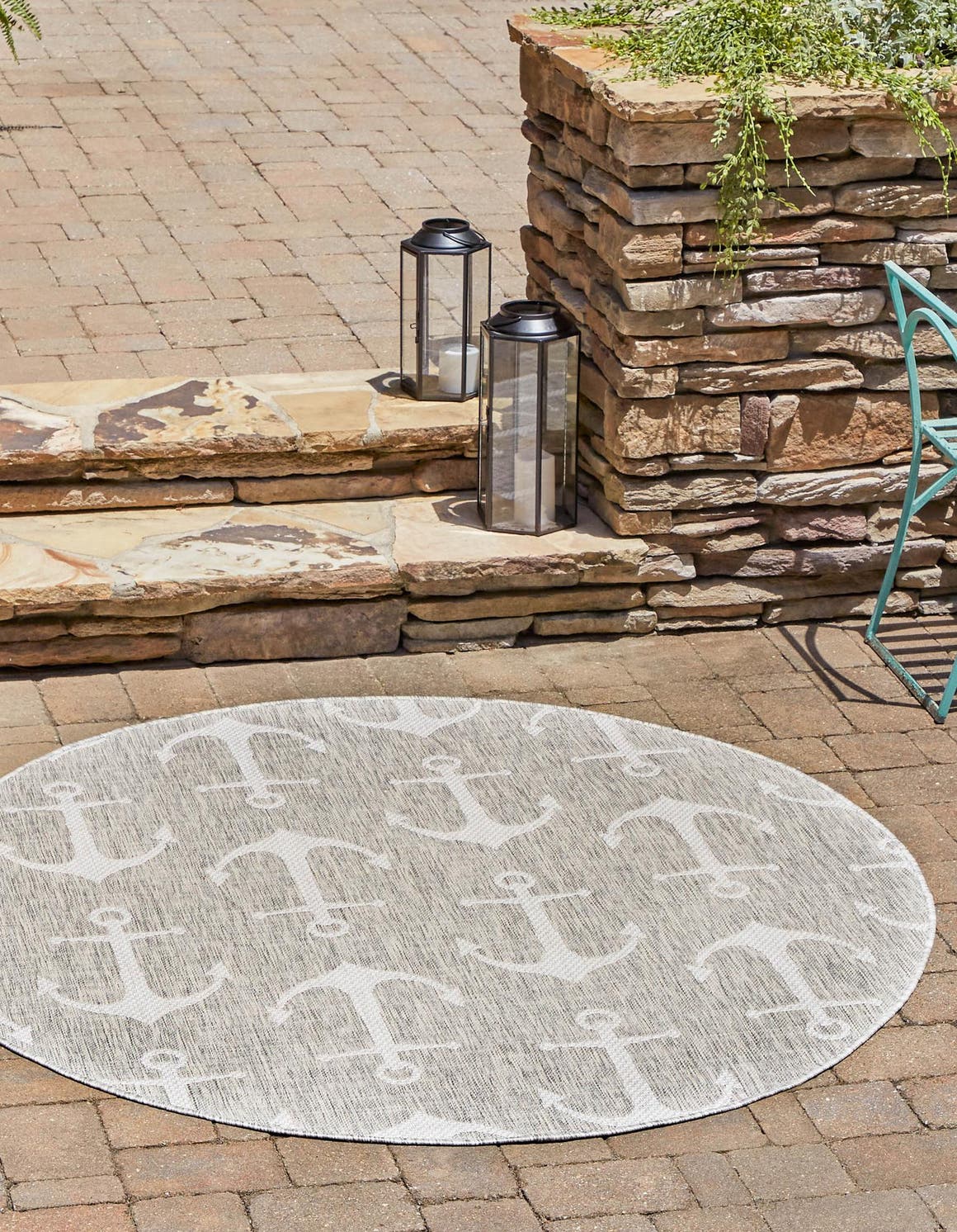 Gray 10' x 10' Outdoor Coastal Round Area Rug Weather Resistant for Patio, Deck, Terrace, Balcony, Porch 100% Polypropylene Coastal Decor Carpet for Sale at Rug Engine