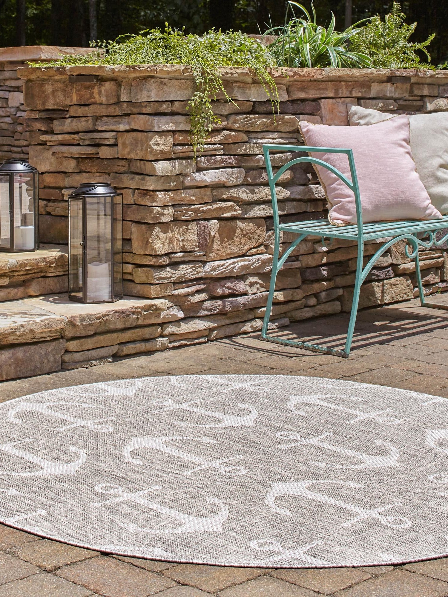 Gray 4' 1 x 4' 1 Outdoor Coastal Round Area Rug Weather Resistant for Patio, Deck, Terrace, Balcony, Porch 100% Polypropylene Coastal Decor Carpet for Sale at Rug Engine