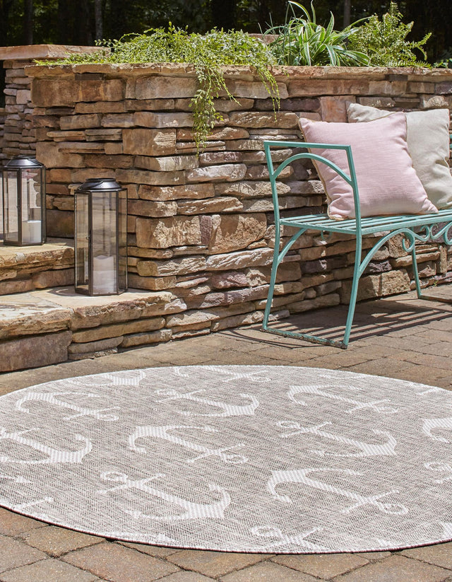 Gray 4' 1 x 4' 1 Outdoor Coastal Round Area Rug Weather Resistant for Patio, Deck, Terrace, Balcony, Porch 100% Polypropylene Coastal Decor Carpet for Sale at Rug Engine