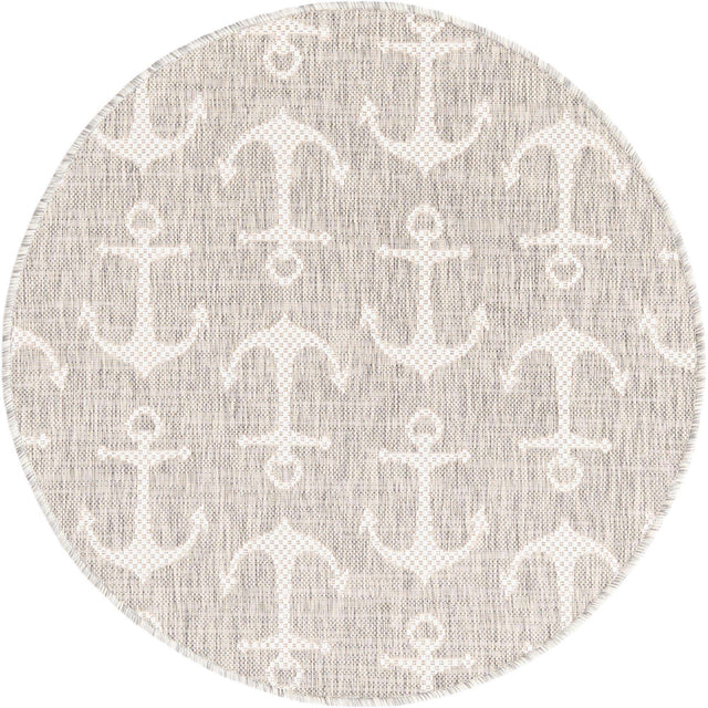 Gray 3' 1 x 3' 1 Outdoor Coastal Round Area Rug Weather Resistant for Patio, Deck, Terrace, Balcony, Porch 100% Polypropylene Coastal Decor Carpet for Sale at Rug Engine