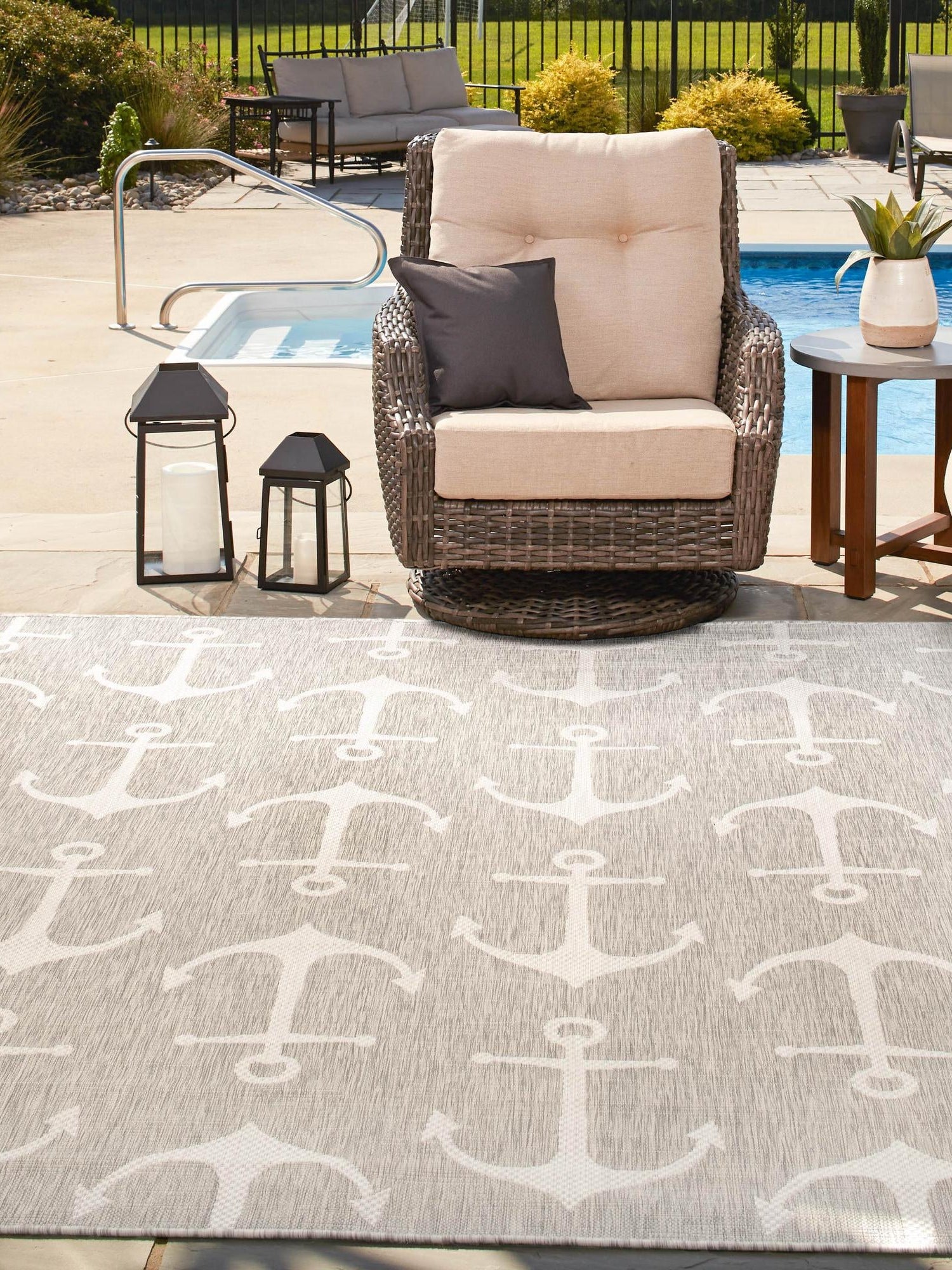 Gray 10' x 10' Outdoor Coastal Square Area Rug Weather Resistant for Patio, Deck, Terrace, Balcony, Porch 100% Polypropylene Coastal Decor Carpet for Sale at Rug Engine
