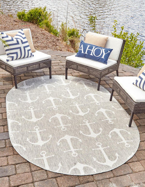 Gray 7' 10 x 10' Outdoor Coastal Oval Area Rug Weather Resistant for Patio, Deck, Terrace, Balcony, Porch 100% Polypropylene Coastal Decor Carpet for Sale at Rug Engine