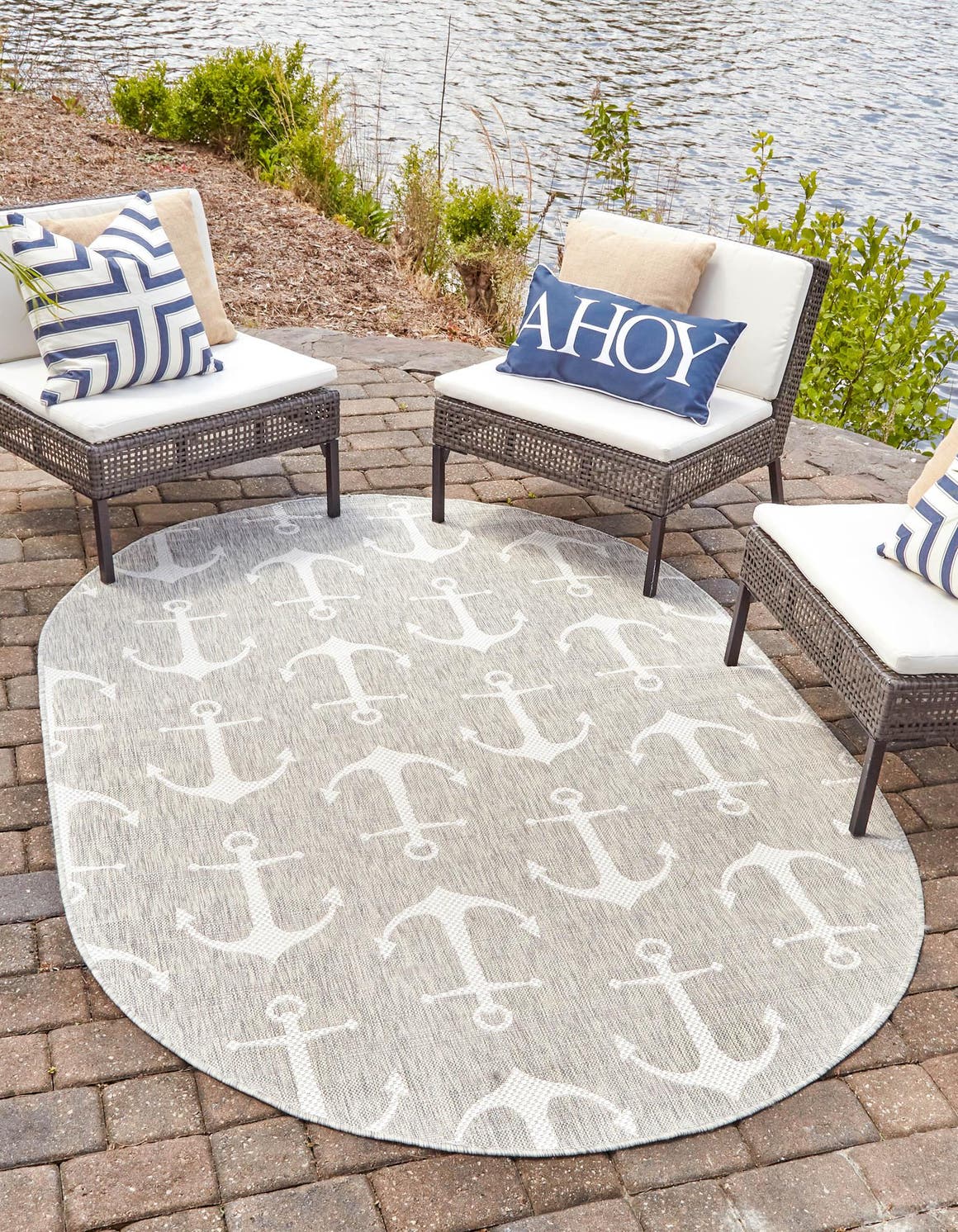 Gray 5' 3 x 8' Outdoor Coastal Oval Area Rug Weather Resistant for Patio, Deck, Terrace, Balcony, Porch 100% Polypropylene Coastal Decor Carpet for Sale at Rug Engine