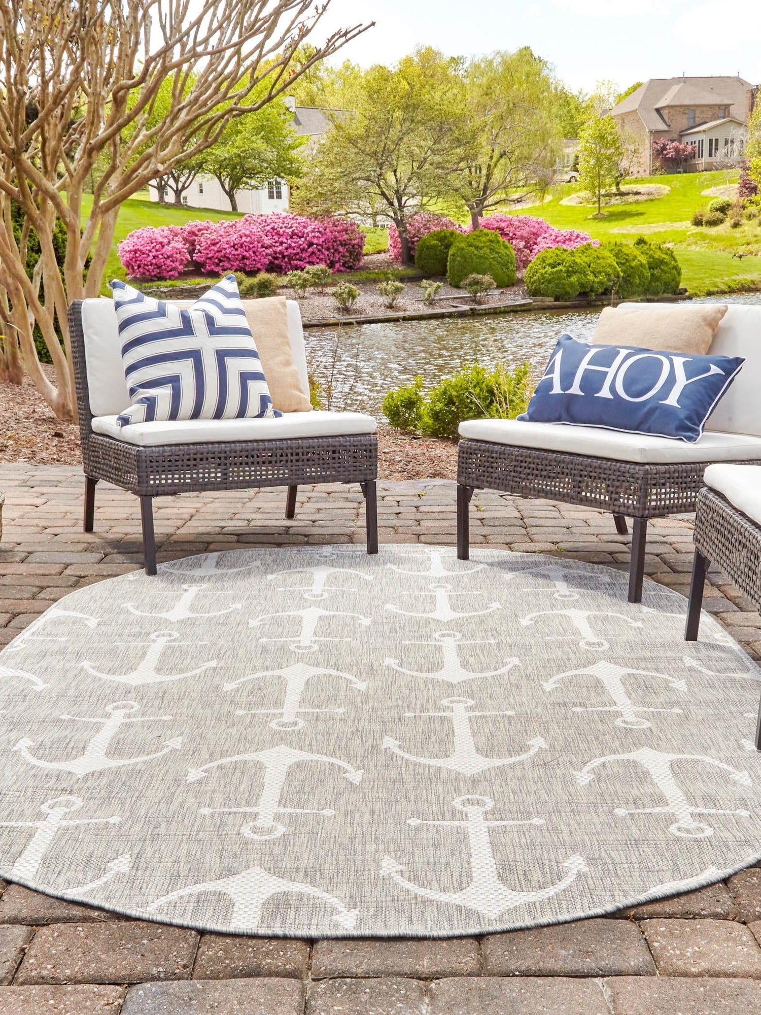 Gray 7' 10 x 10' Outdoor Coastal Oval Area Rug Weather Resistant for Patio, Deck, Terrace, Balcony, Porch 100% Polypropylene Coastal Decor Carpet for Sale at Rug Engine