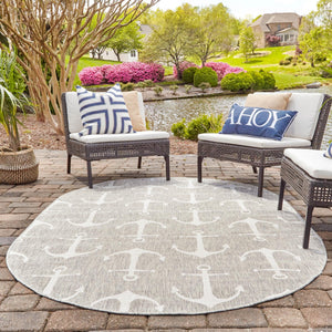 Gray 5' 3 x 8' Outdoor Coastal Oval Area Rug Weather Resistant for Patio, Deck, Terrace, Balcony, Porch 100% Polypropylene Coastal Decor Carpet for Sale at Rug Engine