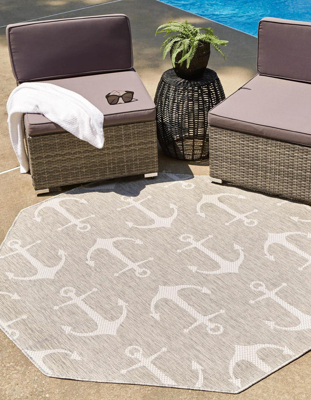 Gray 5' 3 x 5' 3 Outdoor Coastal Octagon Area Rug Weather Resistant for Patio, Deck, Terrace, Balcony, Porch 100% Polypropylene Coastal Decor Carpet for Sale at Rug Engine