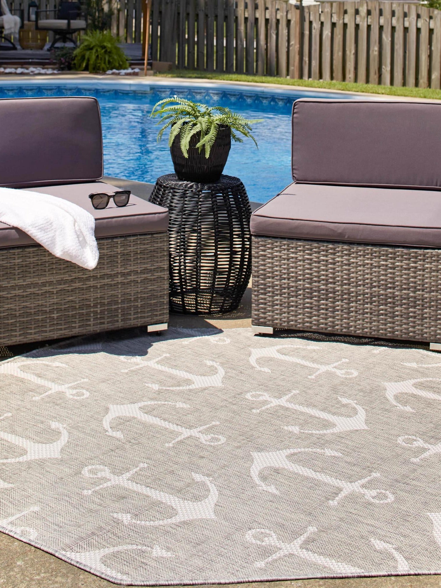 Gray 7' 10 x 7' 10 Outdoor Coastal Octagon Area Rug Weather Resistant for Patio, Deck, Terrace, Balcony, Porch 100% Polypropylene Coastal Decor Carpet for Sale at Rug Engine