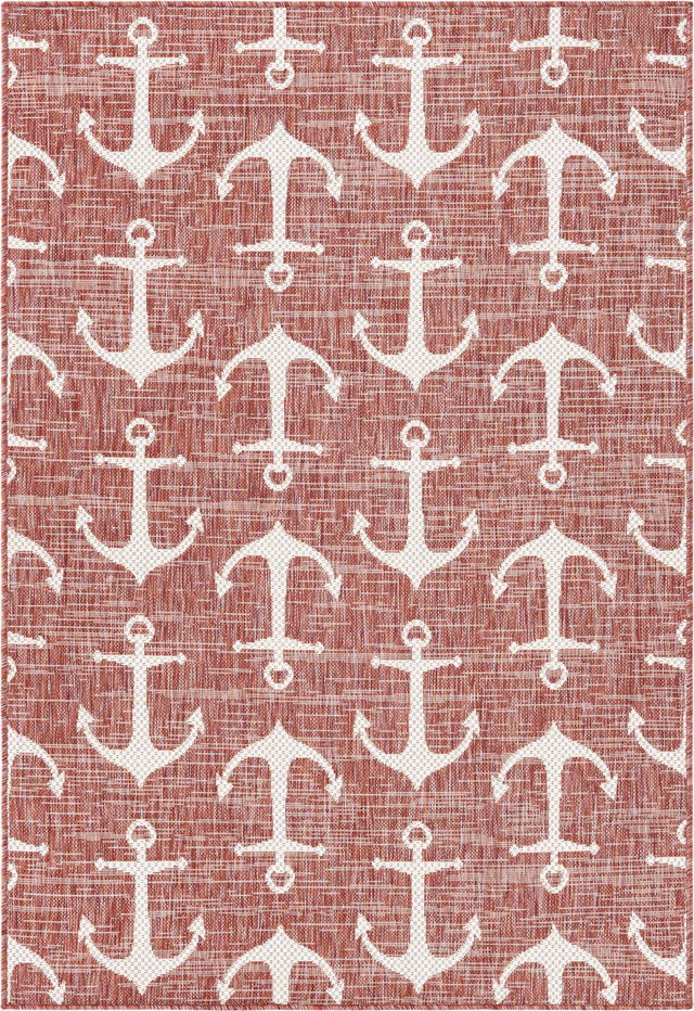 Rust Red 4' 1 x 6' 1 Outdoor Coastal Rectangle Area Rug Weather Resistant for Patio, Deck, Terrace, Balcony, Porch 100% Polypropylene Coastal Decor Carpet for Sale at Rug Engine