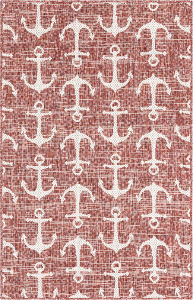 Rust Red 3' 1 x 5' 3 Outdoor Coastal Rectangle Area Rug Weather Resistant for Patio, Deck, Terrace, Balcony, Porch 100% Polypropylene Coastal Decor Carpet for Sale at Rug Engine