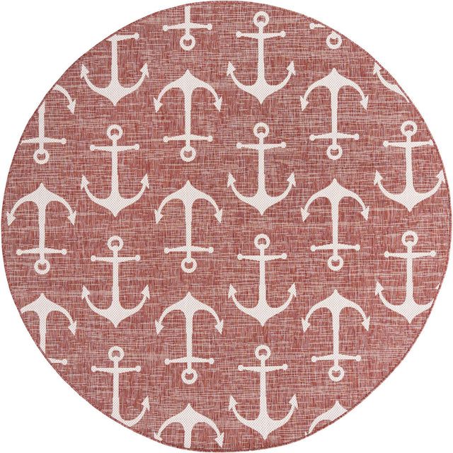 Rust Red 7' 10 x 7' 10 Outdoor Coastal Round Area Rug Weather Resistant for Patio, Deck, Terrace, Balcony, Porch 100% Polypropylene Coastal Decor Carpet for Sale at Rug Engine