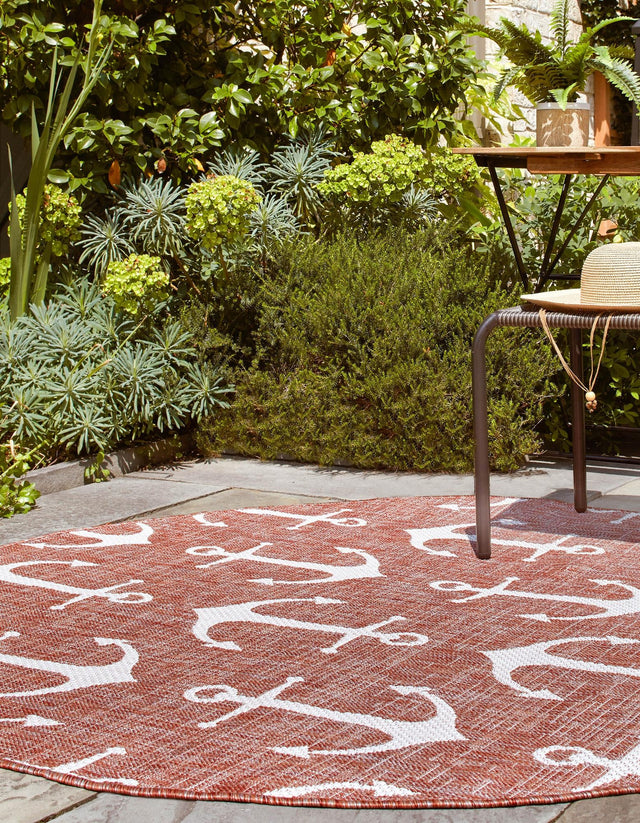 Rust Red 5' 3 x 5' 3 Outdoor Coastal Round Area Rug Weather Resistant for Patio, Deck, Terrace, Balcony, Porch 100% Polypropylene Coastal Decor Carpet for Sale at Rug Engine