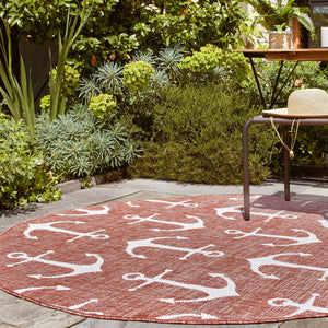 Rust Red 10' x 10' Outdoor Coastal Round Area Rug Weather Resistant for Patio, Deck, Terrace, Balcony, Porch 100% Polypropylene Coastal Decor Carpet for Sale at Rug Engine
