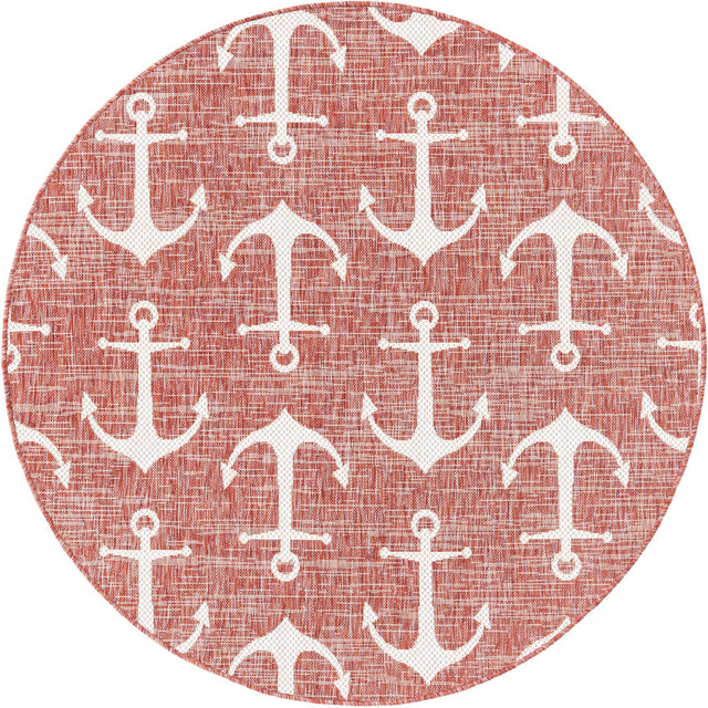 Rust Red 5' 3 x 5' 3 Outdoor Coastal Round Area Rug Weather Resistant for Patio, Deck, Terrace, Balcony, Porch 100% Polypropylene Coastal Decor Carpet for Sale at Rug Engine
