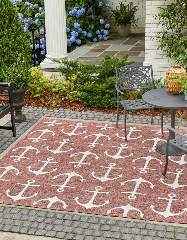 Rust Red 10' x 10' Outdoor Coastal Square Area Rug Weather Resistant for Patio, Deck, Terrace, Balcony, Porch 100% Polypropylene Coastal Decor Carpet for Sale at Rug Engine