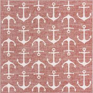 Rust Red 7' 10 x 7' 10 Outdoor Coastal Square Area Rug Weather Resistant for Patio, Deck, Terrace, Balcony, Porch 100% Polypropylene Coastal Decor Carpet for Sale at Rug Engine