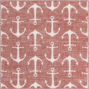 Rust Red 5' 3 x 5' 3 Outdoor Coastal Square Area Rug Weather Resistant for Patio, Deck, Terrace, Balcony, Porch 100% Polypropylene Coastal Decor Carpet for Sale at Rug Engine