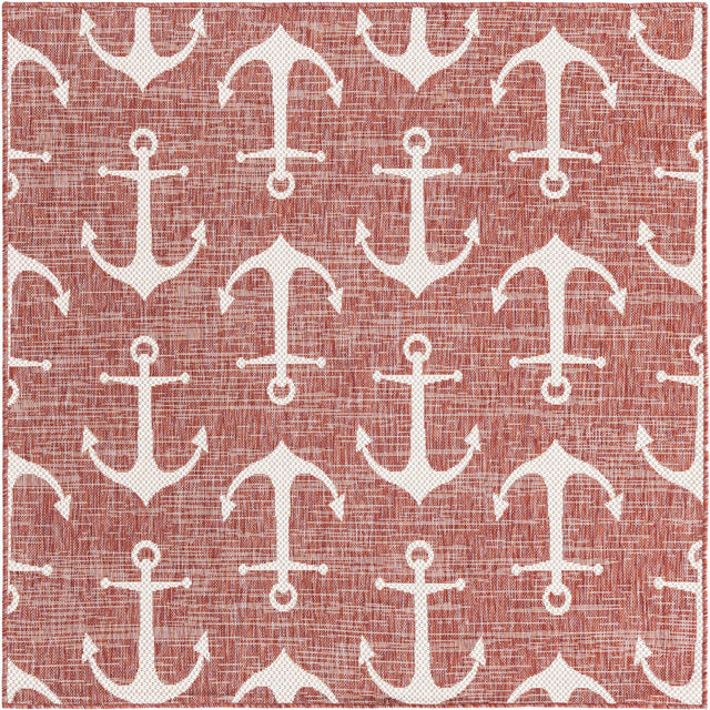 Rust Red 5' 3 x 5' 3 Outdoor Coastal Square Area Rug Weather Resistant for Patio, Deck, Terrace, Balcony, Porch 100% Polypropylene Coastal Decor Carpet for Sale at Rug Engine