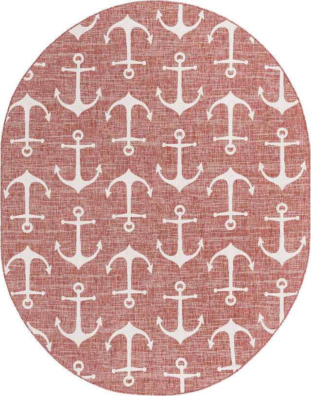 Rust Red 7' 10 x 10' Outdoor Coastal Oval Area Rug Weather Resistant for Patio, Deck, Terrace, Balcony, Porch 100% Polypropylene Coastal Decor Carpet for Sale at Rug Engine