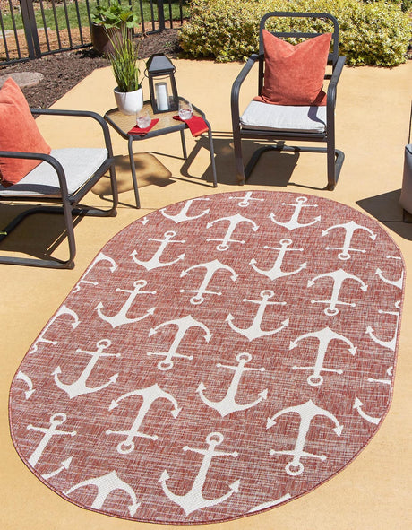 Rust Red 5' 3 x 8' Outdoor Coastal Oval Rug