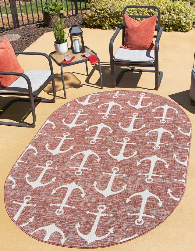 Rust Red 5' 3 x 8' Outdoor Coastal Oval Rug