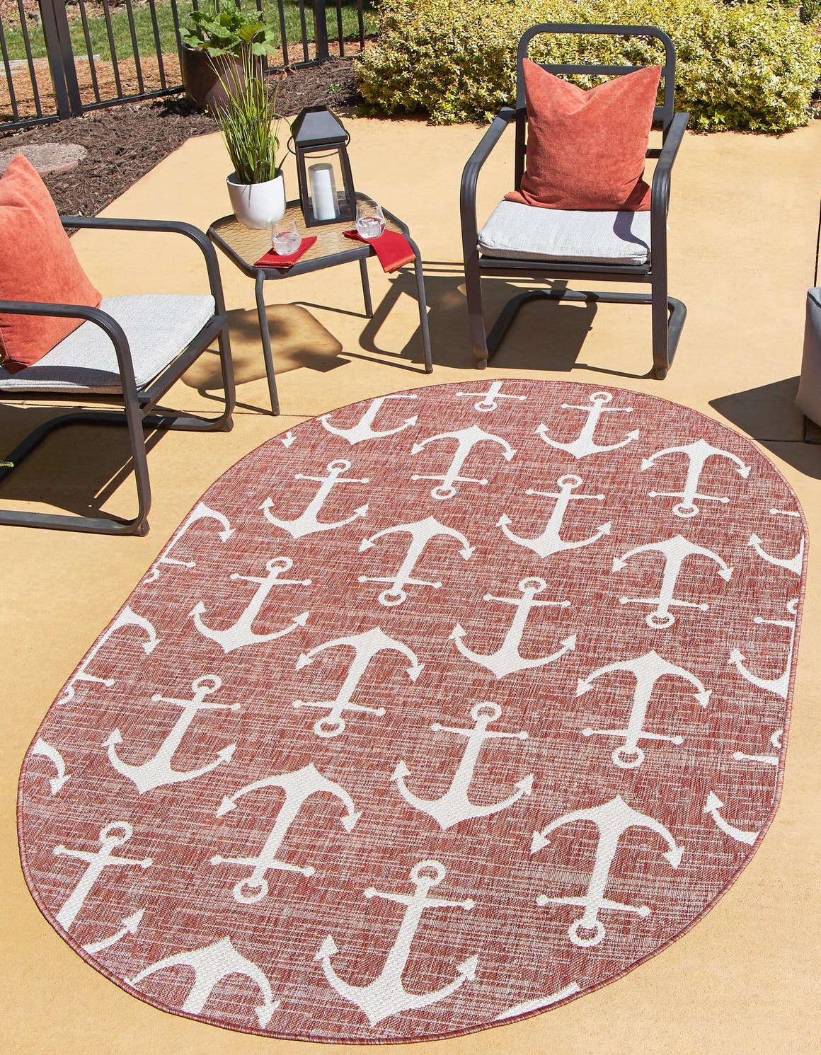 Rust Red 3' 1 x 5' 3 Outdoor Coastal Oval Area Rug Weather Resistant for Patio, Deck, Terrace, Balcony, Porch 100% Polypropylene Coastal Decor Carpet for Sale at Rug Engine