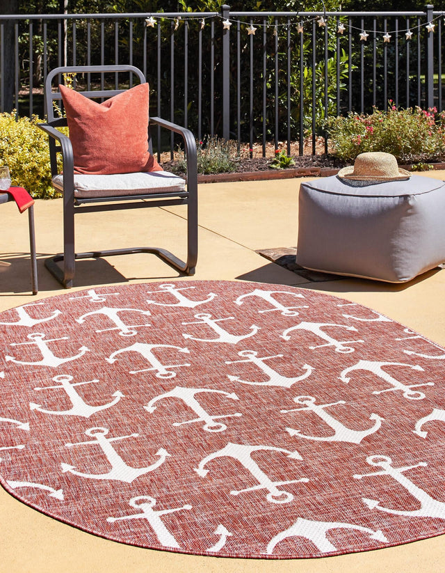 Rust Red 5' 3 x 8' Outdoor Coastal Oval Rug