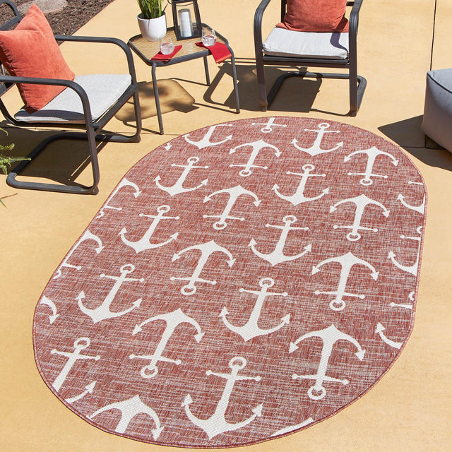 Rust Red 5' 3 x 8' Outdoor Coastal Oval Rug