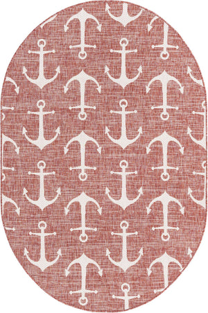 Rust Red 5' 3 x 8' Outdoor Coastal Oval Rug