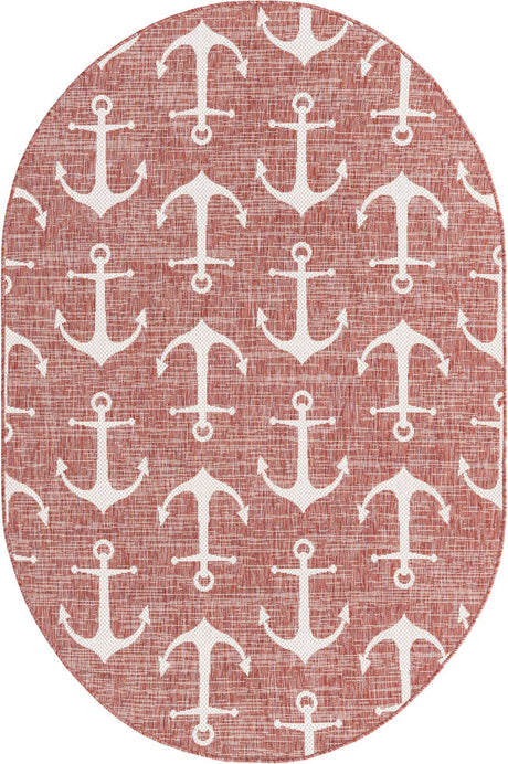 Rust Red 5' 3 x 8' Outdoor Coastal Oval Rug