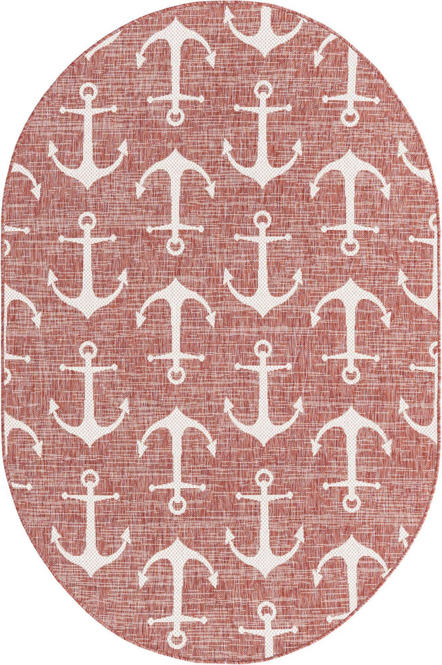 Rust Red 5' 3 x 8' Outdoor Coastal Oval Rug