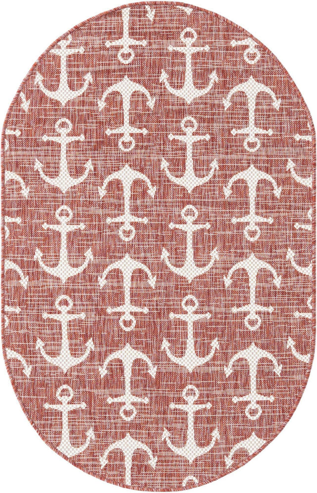 Rust Red 3' 1 x 5' 3 Outdoor Coastal Oval Area Rug Weather Resistant for Patio, Deck, Terrace, Balcony, Porch 100% Polypropylene Coastal Decor Carpet for Sale at Rug Engine