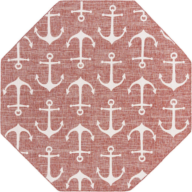 Rust Red 7' 10 x 7' 10 Outdoor Coastal Octagon Area Rug Weather Resistant for Patio, Deck, Terrace, Balcony, Porch 100% Polypropylene Coastal Decor Carpet for Sale at Rug Engine