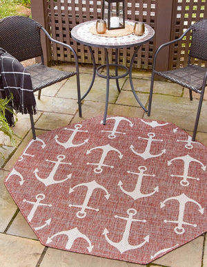 Rust Red 5' 3 x 5' 3 Outdoor Coastal Octagon Area Rug Weather Resistant for Patio, Deck, Terrace, Balcony, Porch 100% Polypropylene Coastal Decor Carpet for Sale at Rug Engine