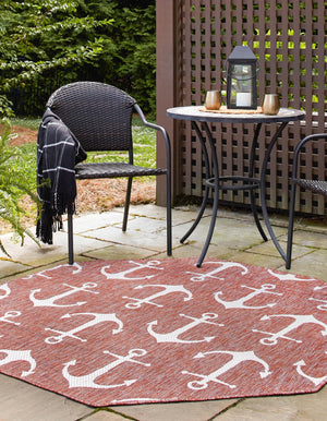 Rust Red 5' 3 x 5' 3 Outdoor Coastal Octagon Area Rug Weather Resistant for Patio, Deck, Terrace, Balcony, Porch 100% Polypropylene Coastal Decor Carpet for Sale at Rug Engine