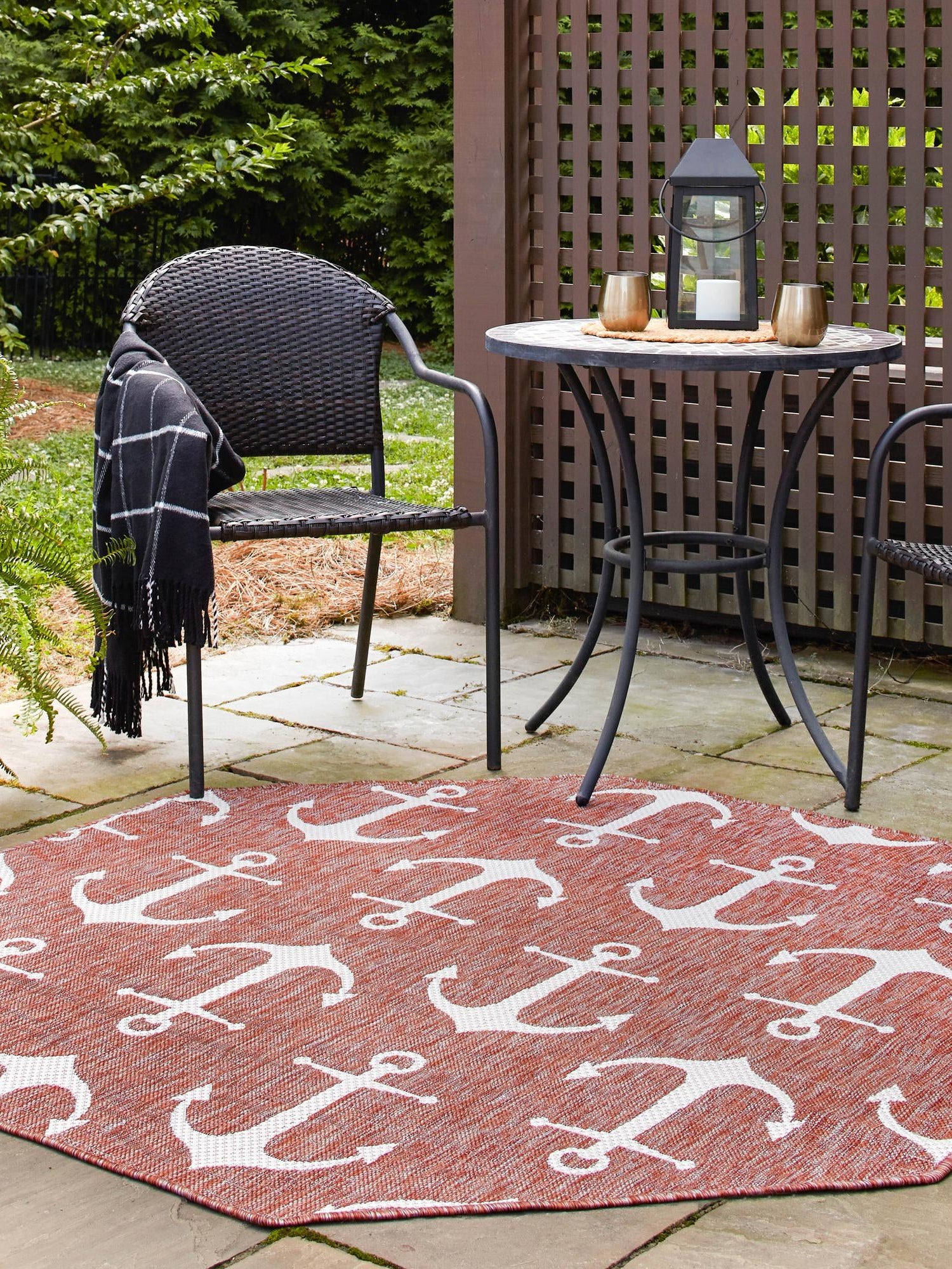 Rust Red 7' 10 x 7' 10 Outdoor Coastal Octagon Area Rug Weather Resistant for Patio, Deck, Terrace, Balcony, Porch 100% Polypropylene Coastal Decor Carpet for Sale at Rug Engine