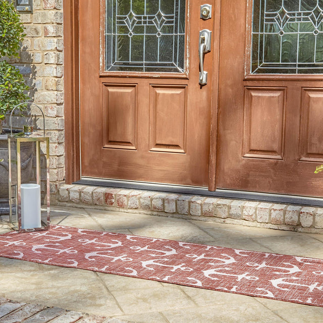 Rust Red 2' x 6' 1 Outdoor Coastal Runner Area Rug Weather Resistant for Patio, Deck, Terrace, Balcony, Porch 100% Polypropylene Coastal Decor Carpet for Sale at Rug Engine