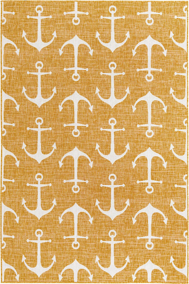 Yellow 6' 1 x 9' Outdoor Coastal Rectangle Area Rug Weather Resistant for Patio, Deck, Terrace, Balcony, Porch 100% Polypropylene Coastal Decor Carpet for Sale at Rug Engine