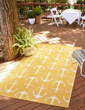 Yellow 6' 1 x 9' Outdoor Coastal Rectangle Area Rug Weather Resistant for Patio, Deck, Terrace, Balcony, Porch 100% Polypropylene Coastal Decor Carpet for Sale at Rug Engine