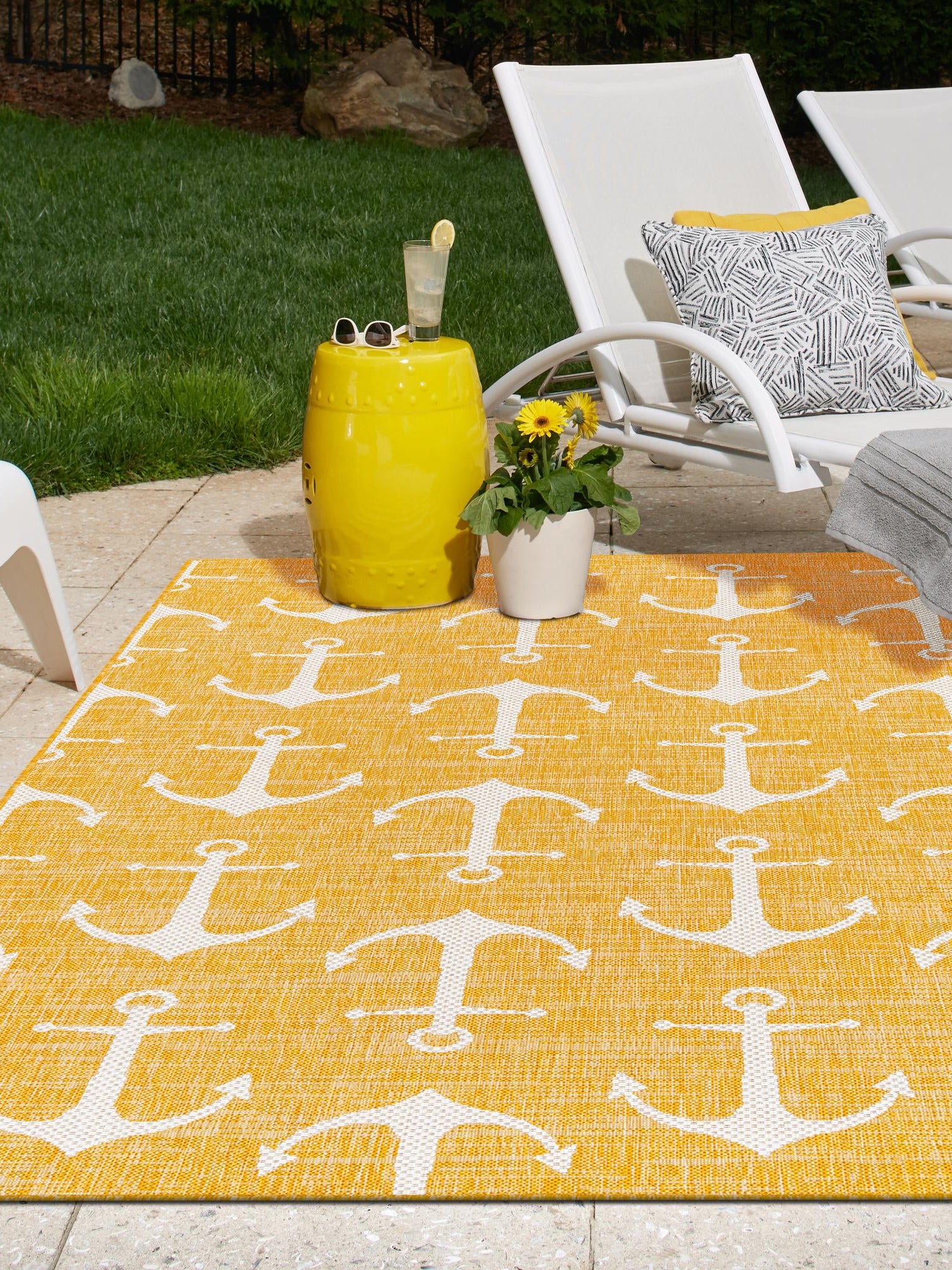 Yellow 10' x 13' 1 Outdoor Coastal Rectangle Area Rug Weather Resistant for Patio, Deck, Terrace, Balcony, Porch 100% Polypropylene Coastal Decor Carpet for Sale at Rug Engine