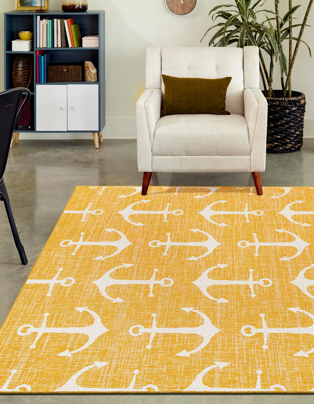 Yellow 7' 10 x 11' Outdoor Coastal Rectangle Area Rug Weather Resistant for Patio, Deck, Terrace, Balcony, Porch 100% Polypropylene Coastal Decor Carpet for Sale at Rug Engine