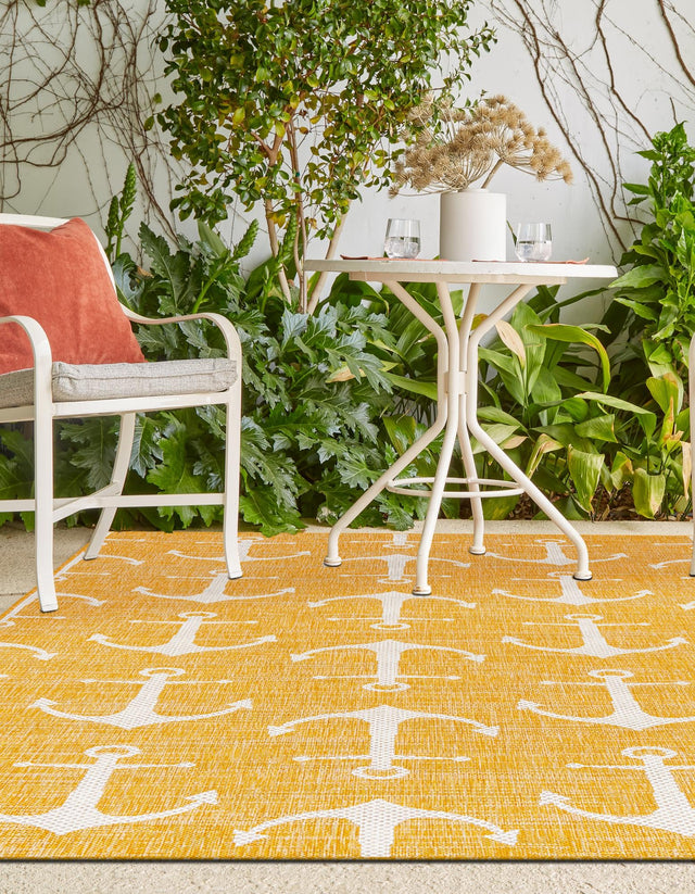Yellow 7' 10 x 11' Outdoor Coastal Rectangle Area Rug Weather Resistant for Patio, Deck, Terrace, Balcony, Porch 100% Polypropylene Coastal Decor Carpet for Sale at Rug Engine