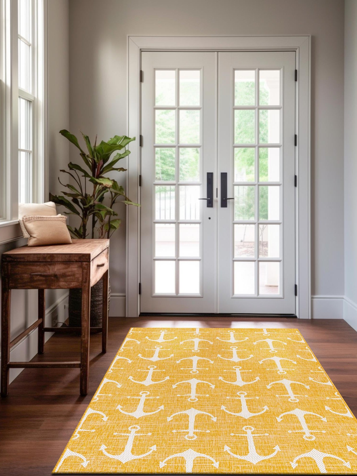 Yellow 4' 1 x 6' 1 Outdoor Coastal Rectangle Area Rug Weather Resistant for Patio, Deck, Terrace, Balcony, Porch 100% Polypropylene Coastal Decor Carpet for Sale at Rug Engine