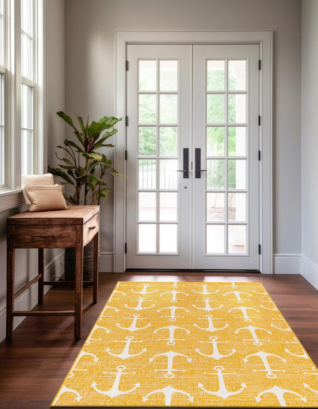 Yellow 6' 1 x 9' Outdoor Coastal Rectangle Area Rug Weather Resistant for Patio, Deck, Terrace, Balcony, Porch 100% Polypropylene Coastal Decor Carpet for Sale at Rug Engine