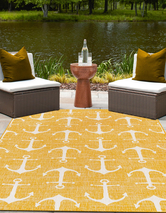 Yellow 7' 1 x 10' Outdoor Coastal Rectangle Area Rug Weather Resistant for Patio, Deck, Terrace, Balcony, Porch 100% Polypropylene Coastal Decor Carpet for Sale at Rug Engine