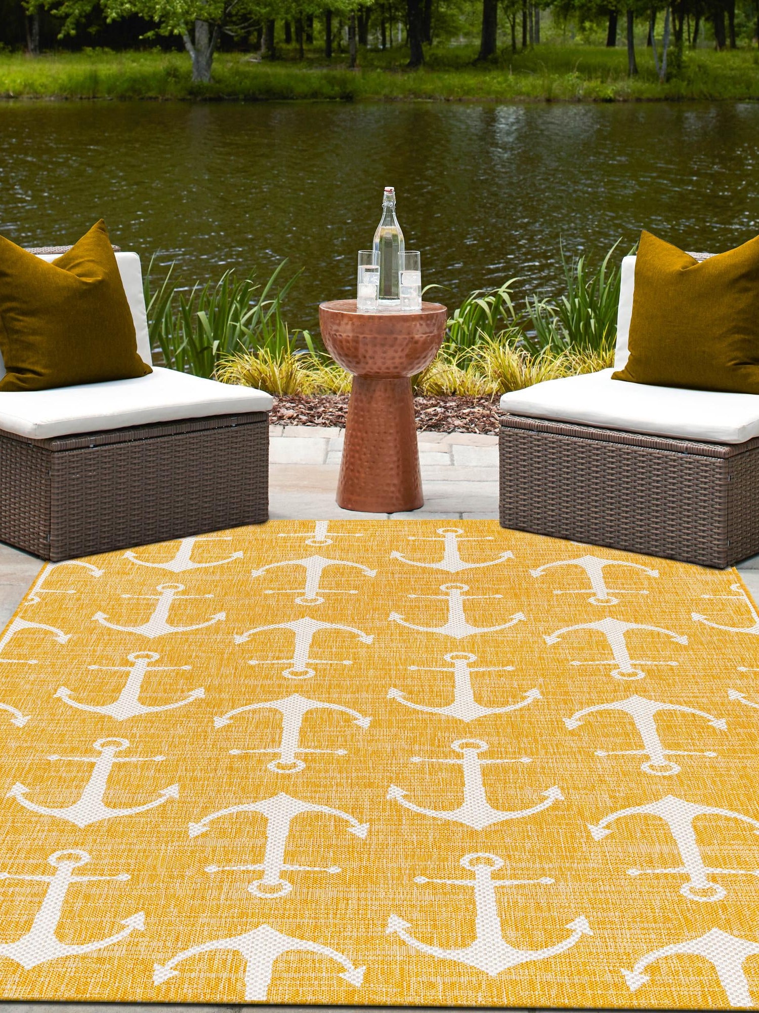 Yellow 2' x 3' 1 Outdoor Coastal Rectangle Area Rug Weather Resistant for Patio, Deck, Terrace, Balcony, Porch 100% Polypropylene Coastal Decor Carpet for Sale at Rug Engine