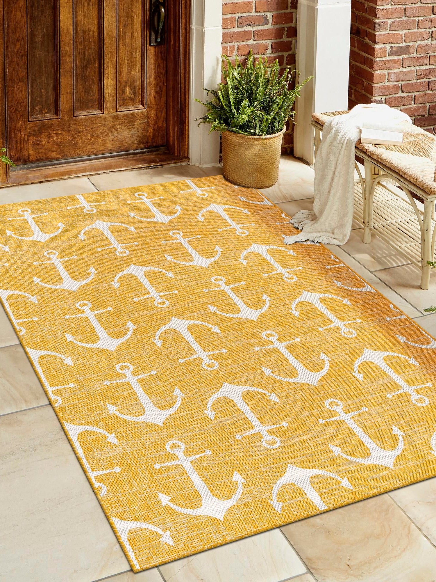 Yellow 6' 1 x 9' Outdoor Coastal Rectangle Area Rug Weather Resistant for Patio, Deck, Terrace, Balcony, Porch 100% Polypropylene Coastal Decor Carpet for Sale at Rug Engine