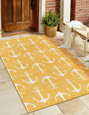 Yellow 6' 1 x 9' Outdoor Coastal Rectangle Area Rug Weather Resistant for Patio, Deck, Terrace, Balcony, Porch 100% Polypropylene Coastal Decor Carpet for Sale at Rug Engine