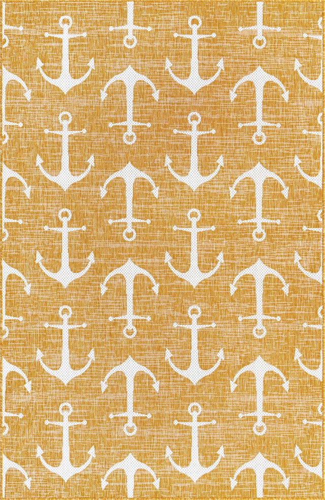 Yellow 5' 3 x 8' Outdoor Coastal Rectangle Area Rug Weather Resistant for Patio, Deck, Terrace, Balcony, Porch 100% Polypropylene Coastal Decor Carpet for Sale at Rug Engine