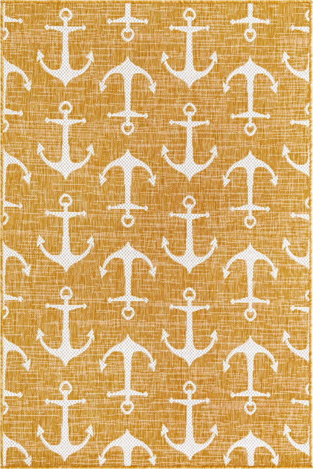 Yellow 4' 1 x 6' 1 Outdoor Coastal Rectangle Area Rug Weather Resistant for Patio, Deck, Terrace, Balcony, Porch 100% Polypropylene Coastal Decor Carpet for Sale at Rug Engine