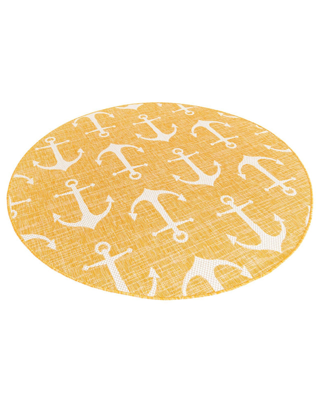 Yellow 5' 3 x 5' 3 Outdoor Coastal Round Area Rug Weather Resistant for Patio, Deck, Terrace, Balcony, Porch 100% Polypropylene Coastal Decor Carpet for Sale at Rug Engine